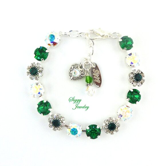 Emerald BLOSSOMS Tennis Bracelet Made with Genuine Swarovski Crystal and Flowers - Picture 1 of 8